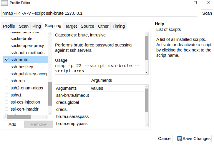 Scriptselectie in een Zenmap-scanprofiel
